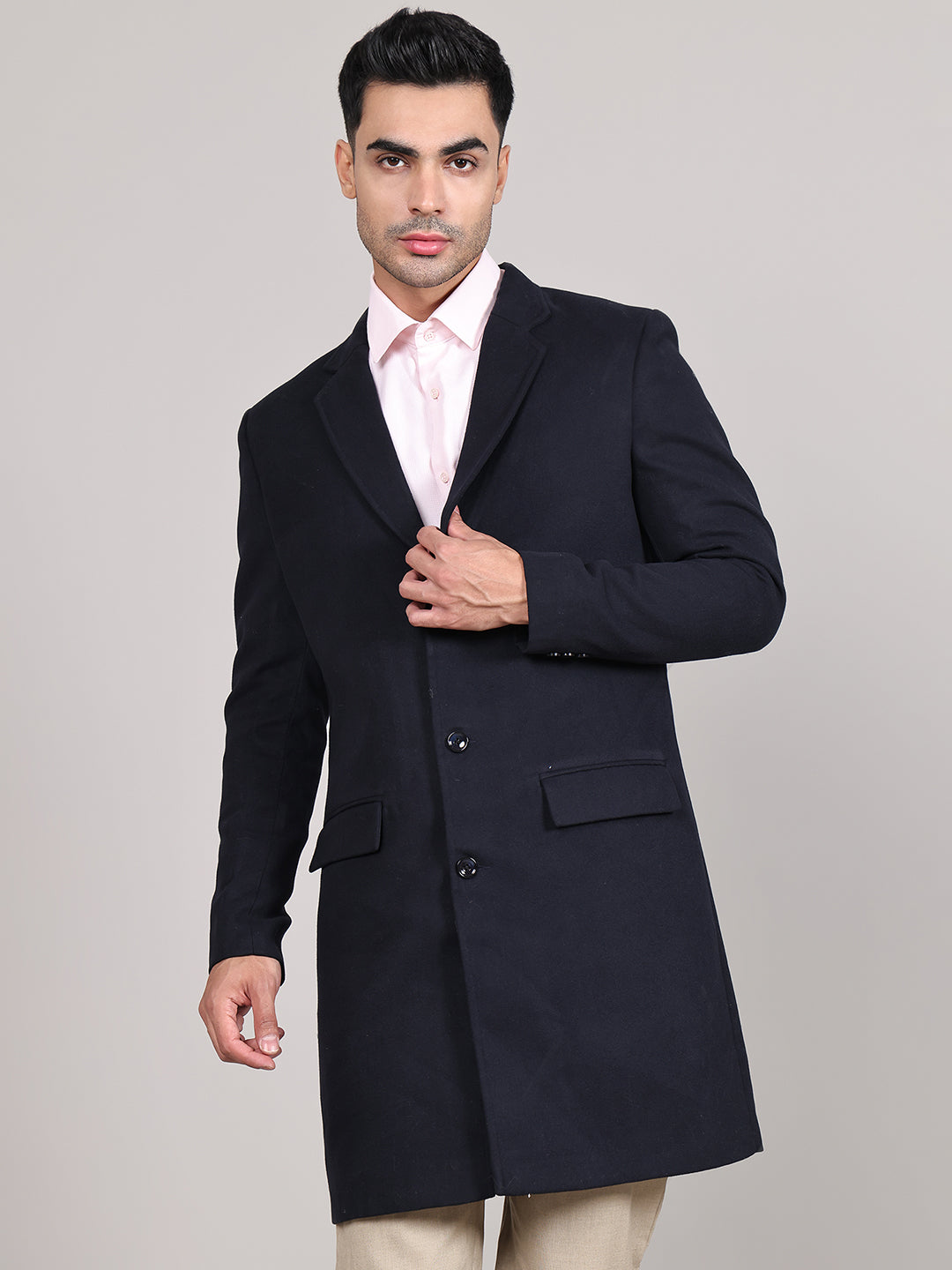 Men Notched Lapel Collar Long Overcoat HMC-502 - Navy