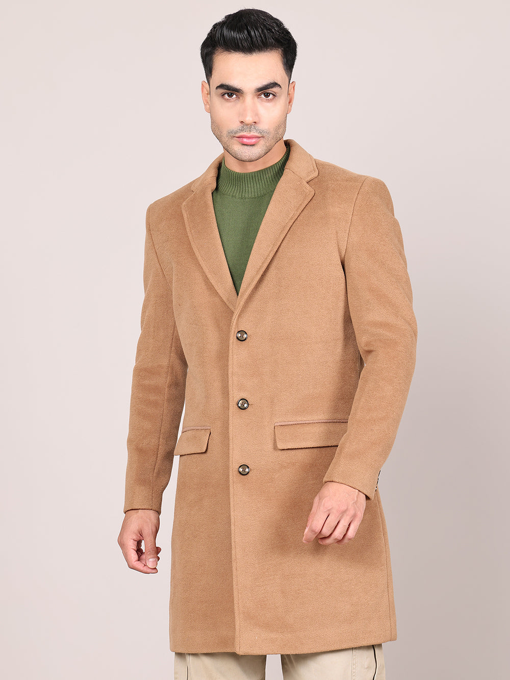 Men Notched Lapel Collar Long Overcoat HMC-502 - Tan