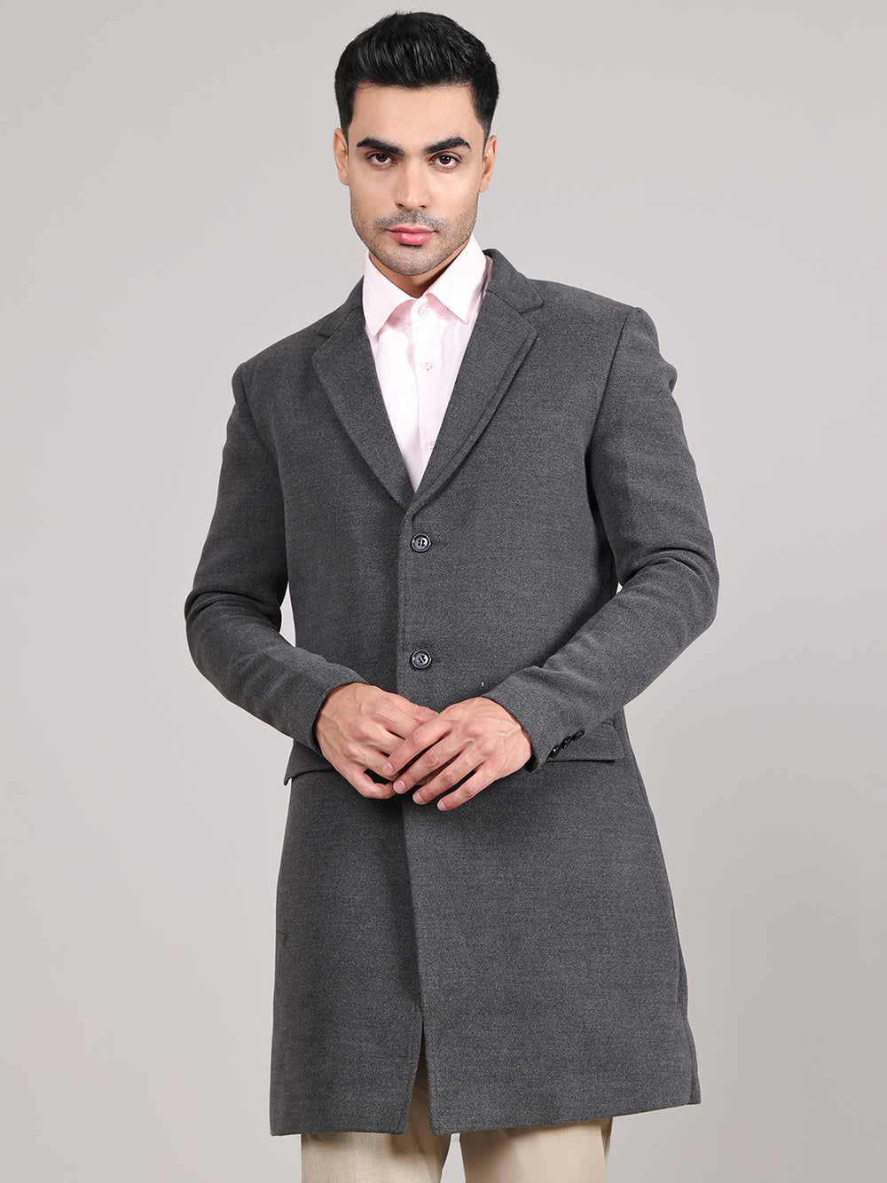 Men Notched Lapel Collar Long Overcoat HMC-502 - Light Grey