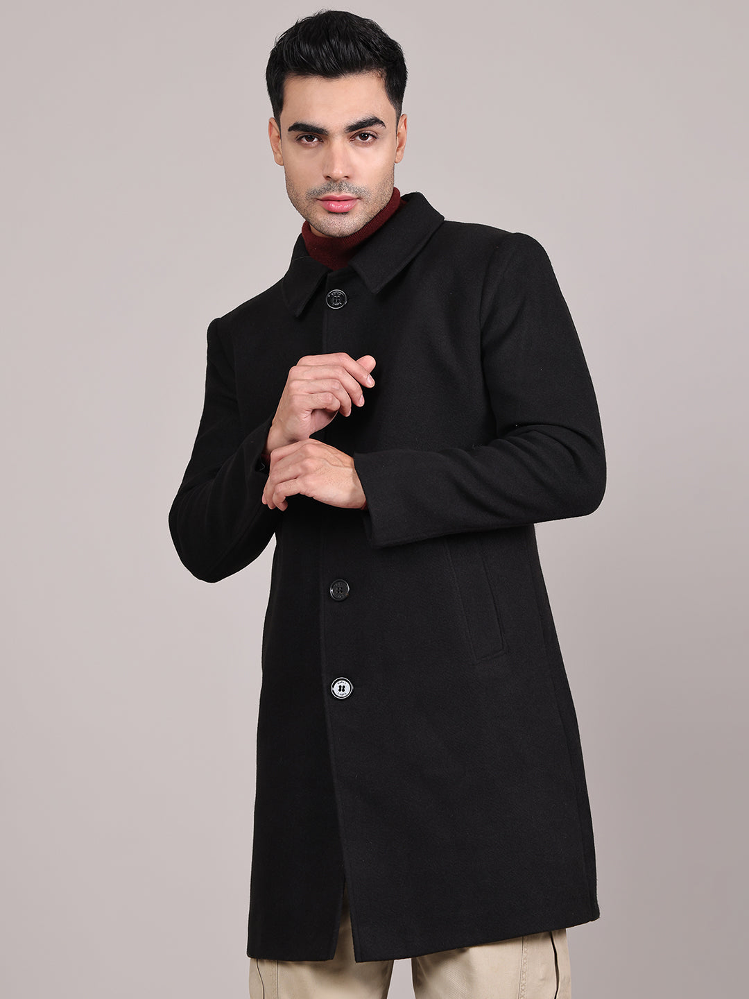 Men Spread Collar Longline Overcoat HMC-503 - Black