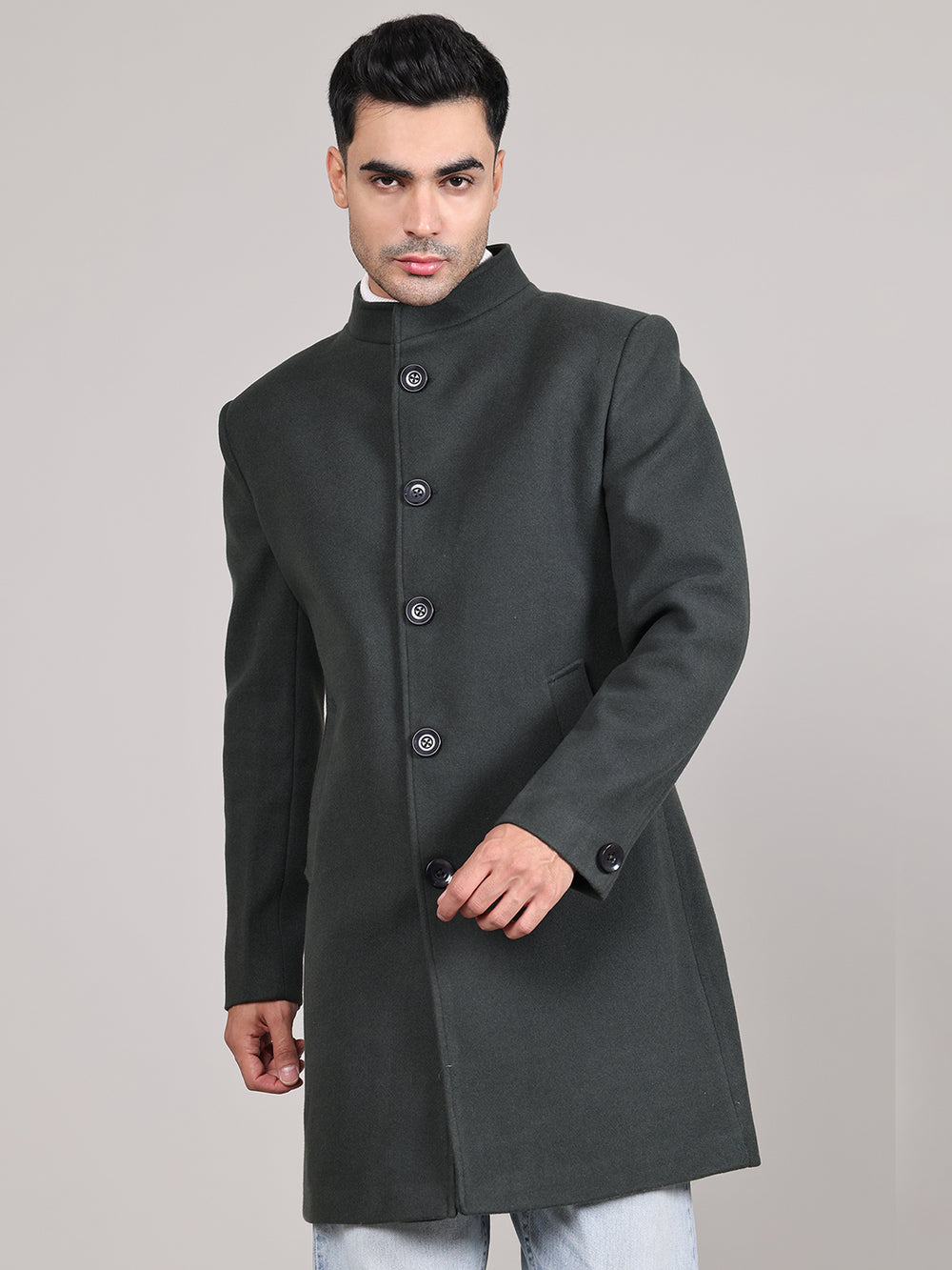 Men Single-Breasted Stand Collar Long Sleeves Overcoat HMC-504 - Bottle Green