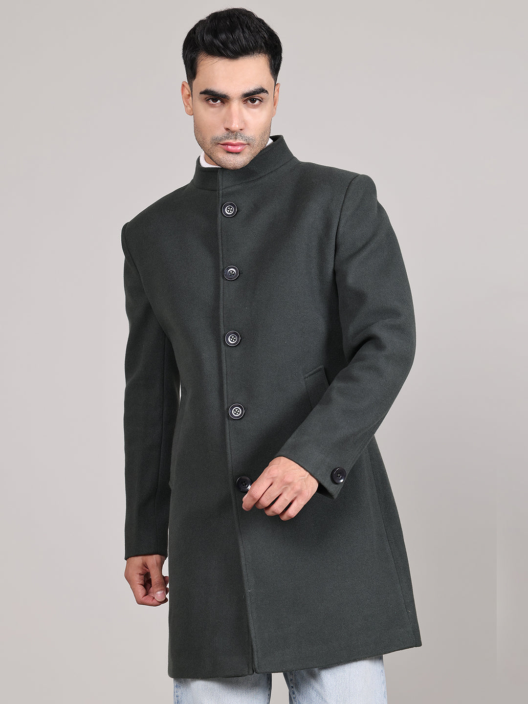 Men Single-Breasted Stand Collar Long Sleeves Overcoat HMC-504 - Bottle Green