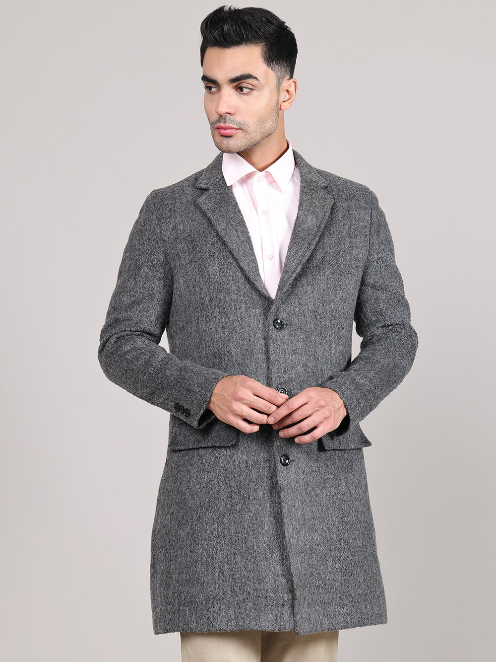 Men Notched Lapel Collar Long Overcoat HMC-502 - Grey Antra