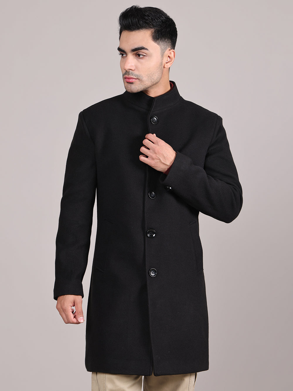 Men Single-Breasted Stand Collar Long Sleeves Overcoat HMC-504 - Black