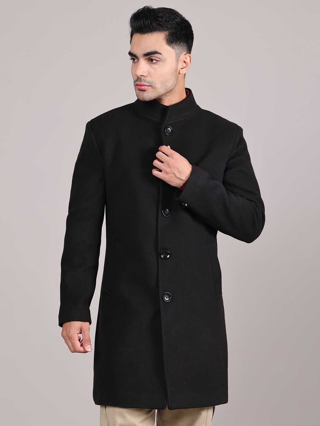 Men Single-Breasted Stand Collar Long Sleeves Overcoat HMC-504 - Black