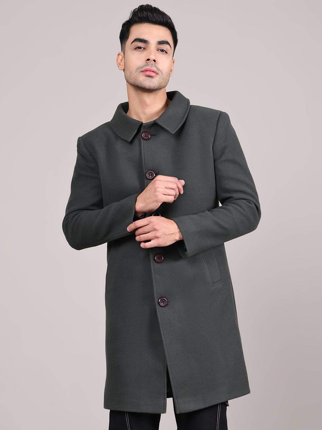 Men Spread Collar Longline Overcoat HMC-503 - Bottle Green