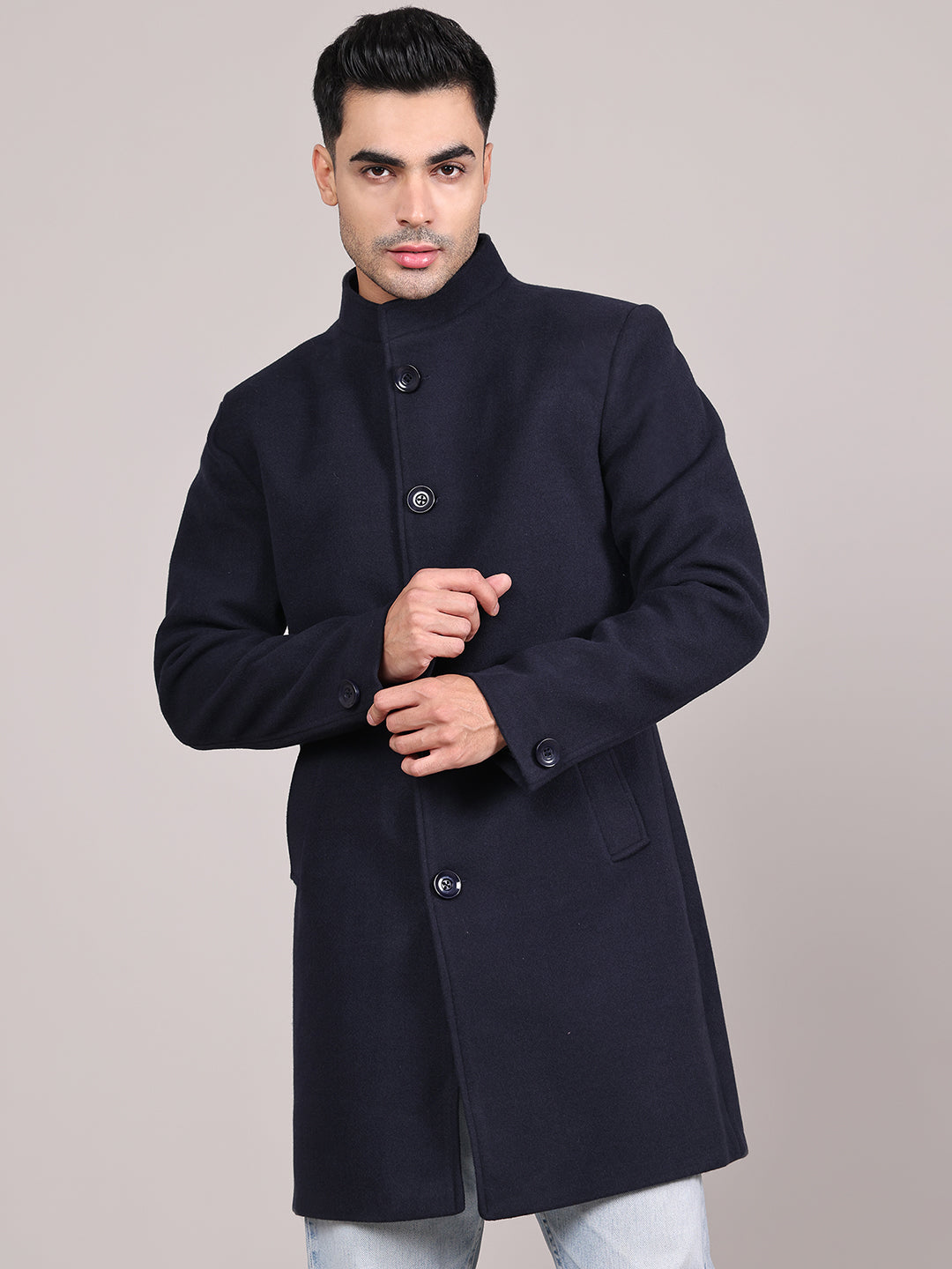 Men Single-Breasted Stand Collar Long Sleeves Overcoat HMC-504 - Navy