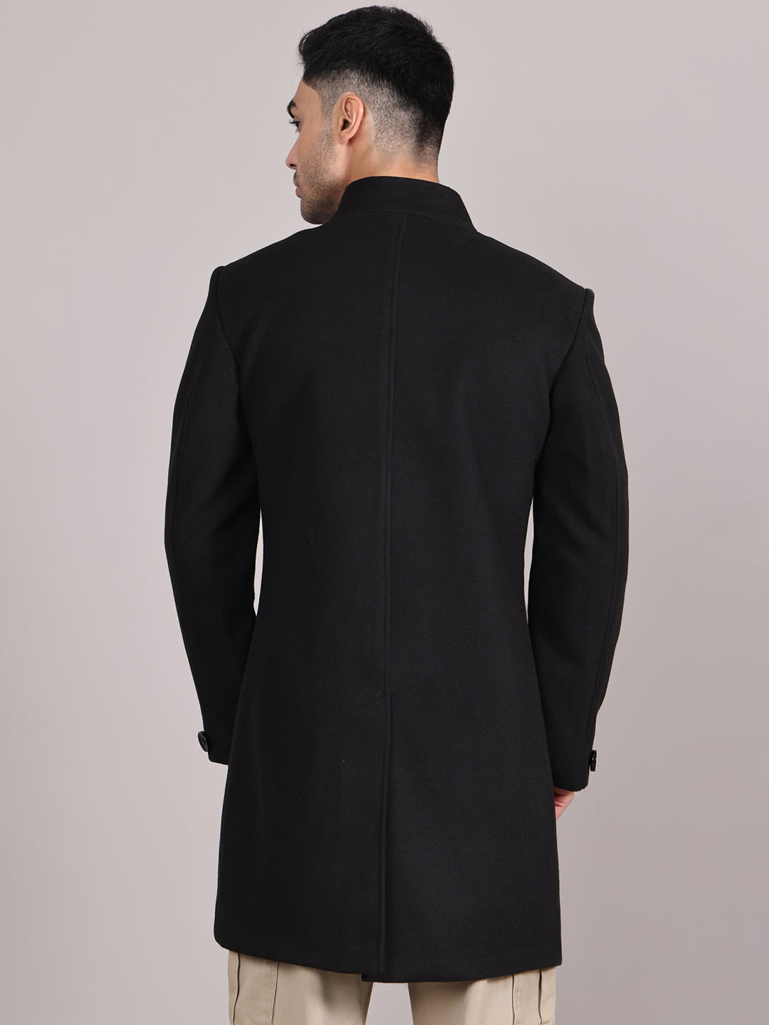 Men Single-Breasted Stand Collar Long Sleeves Overcoat HMC-504 - Black