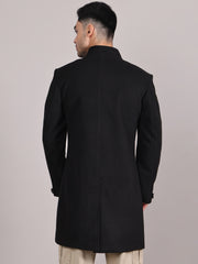 Men Single-Breasted Stand Collar Long Sleeves Overcoat HMC-504 - Black