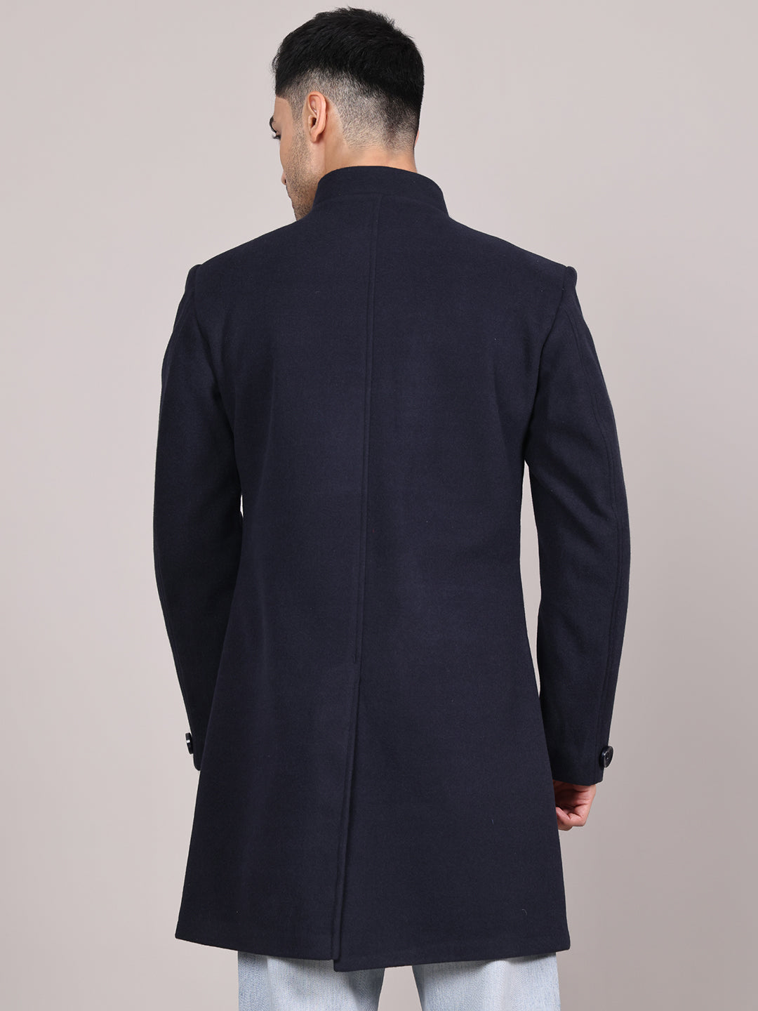 Men Single-Breasted Stand Collar Long Sleeves Overcoat HMC-504 - Navy