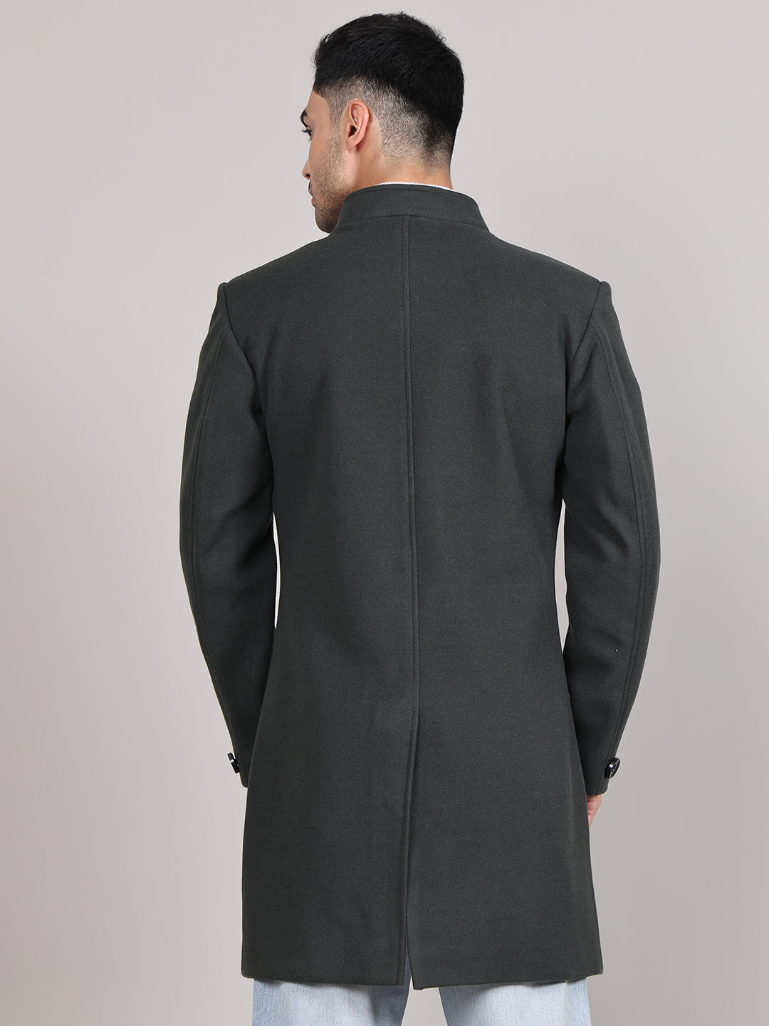 Men Single-Breasted Stand Collar Long Sleeves Overcoat HMC-504 - Bottle Green