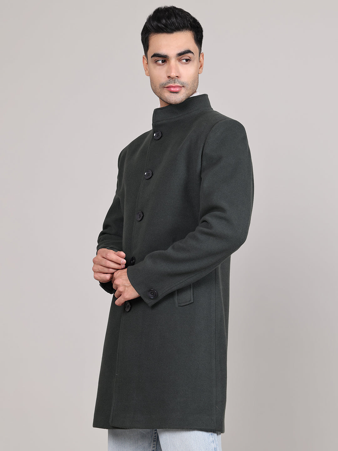 Men Single-Breasted Stand Collar Long Sleeves Overcoat HMC-504 - Bottle Green