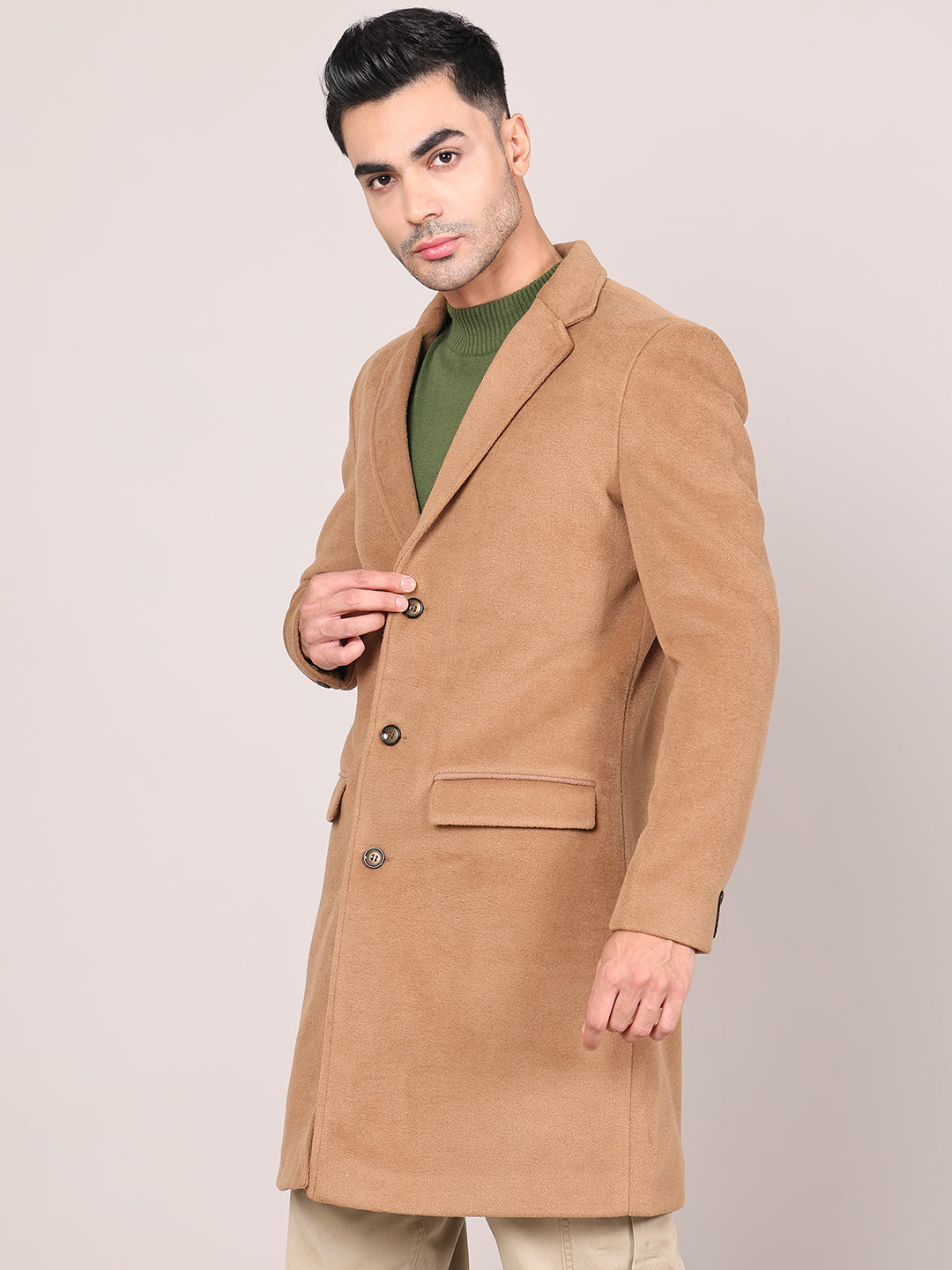 Men Notched Lapel Collar Long Overcoat HMC-502 - Tan