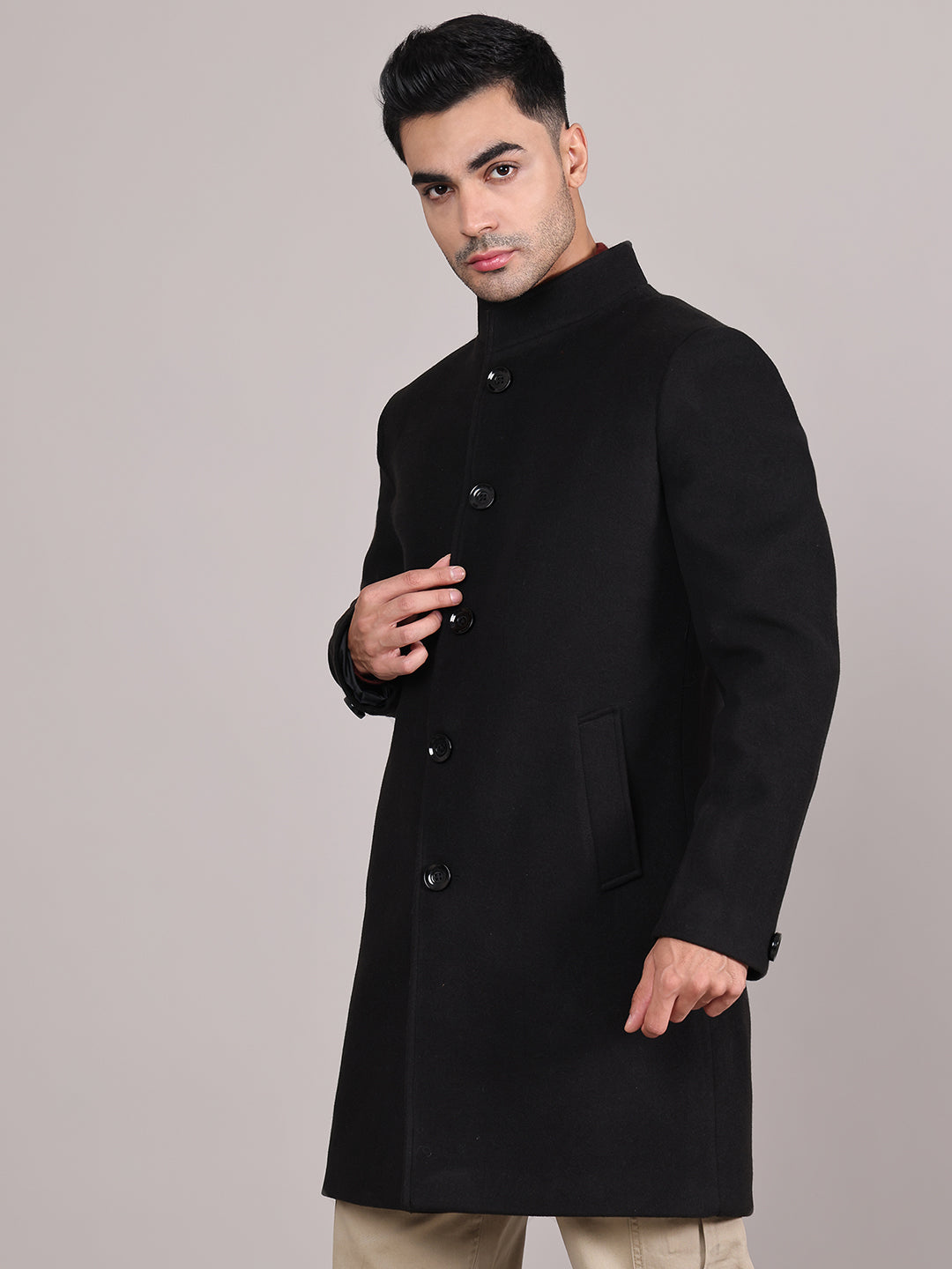 Men Single-Breasted Stand Collar Long Sleeves Overcoat HMC-504 - Black