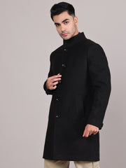 Men Single-Breasted Stand Collar Long Sleeves Overcoat HMC-504 - Black