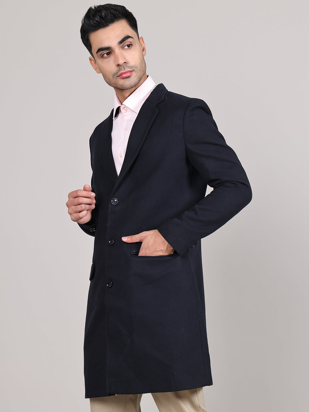 Men Notched Lapel Collar Long Overcoat HMC-502 - Navy