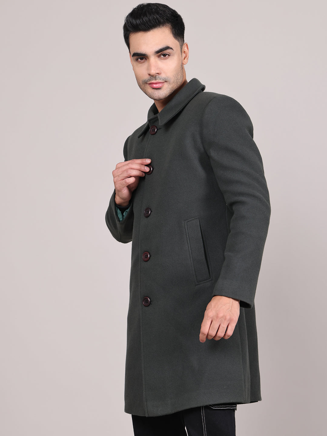 Men Spread Collar Longline Overcoat HMC-503 - Bottle Green