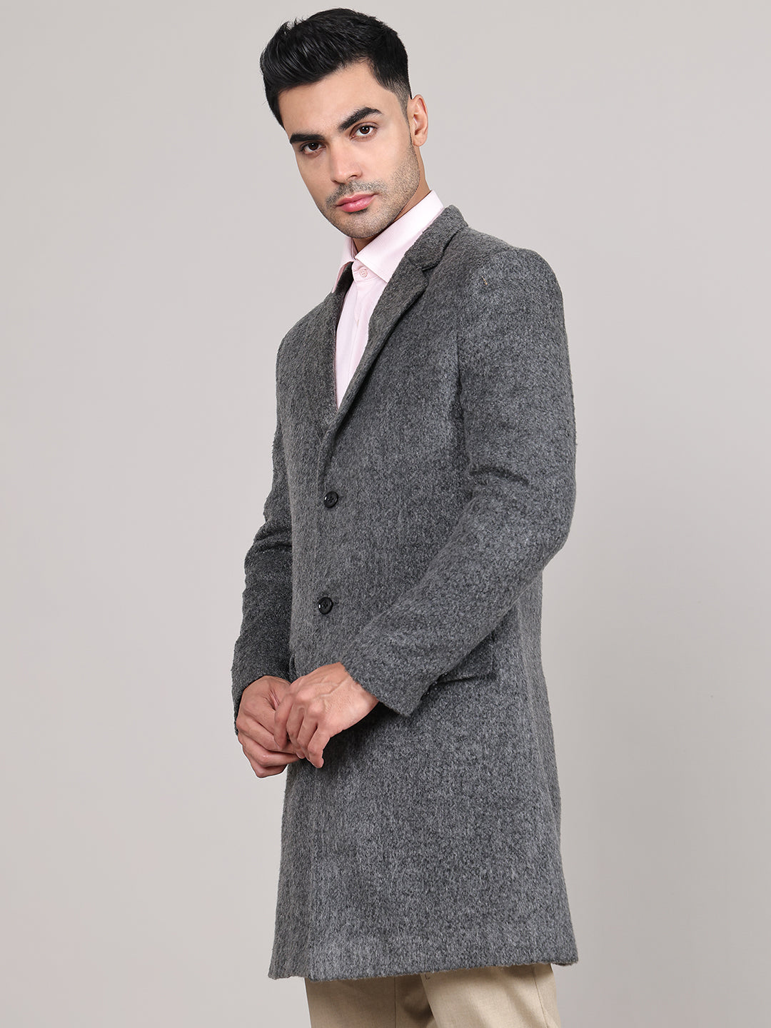Men Notched Lapel Collar Long Overcoat HMC-502 - Grey Antra
