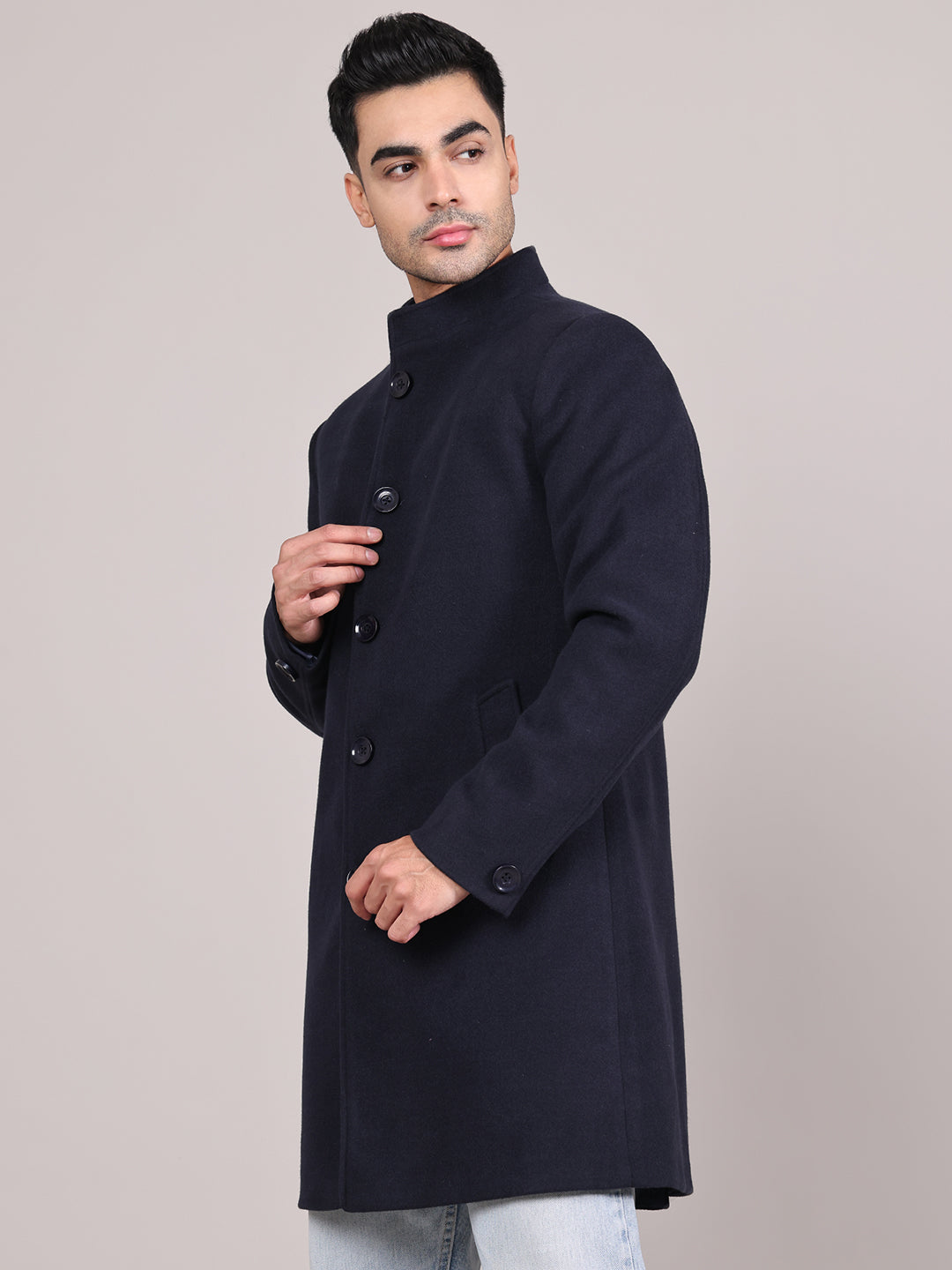 Men Single-Breasted Stand Collar Long Sleeves Overcoat HMC-504 - Navy