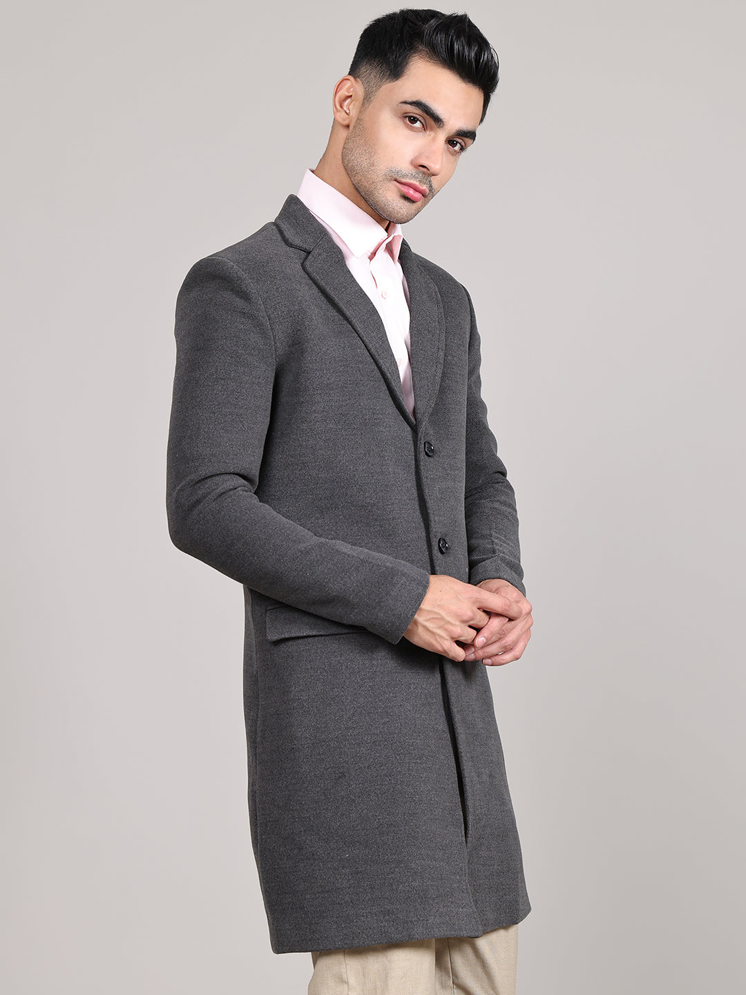 Men Notched Lapel Collar Long Overcoat HMC-502 - Light Grey