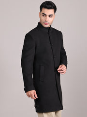 Men Single-Breasted Stand Collar Long Sleeves Overcoat HMC-504 - Black