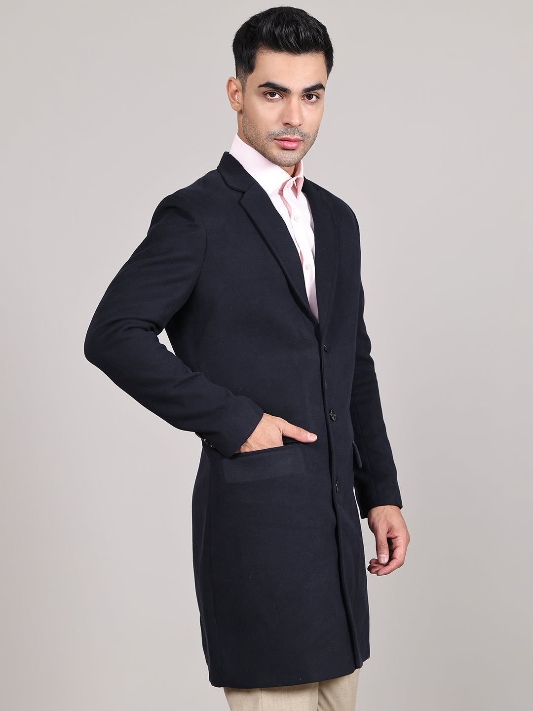 Men Notched Lapel Collar Long Overcoat HMC-502 - Navy