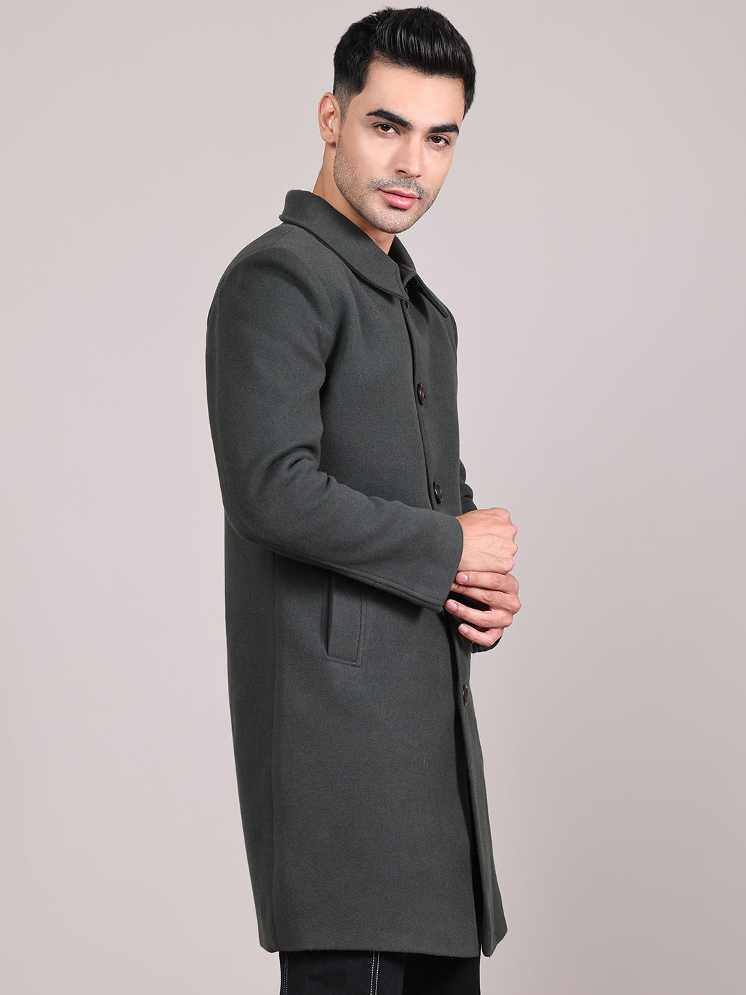 Men Spread Collar Longline Overcoat HMC-503 - Bottle Green