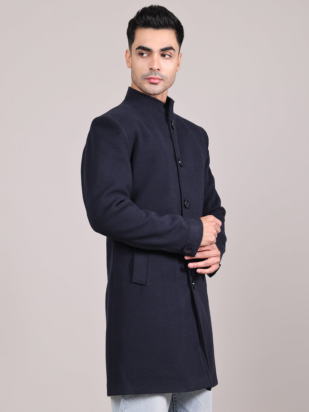 Men Single-Breasted Stand Collar Long Sleeves Overcoat HMC-504 - Navy