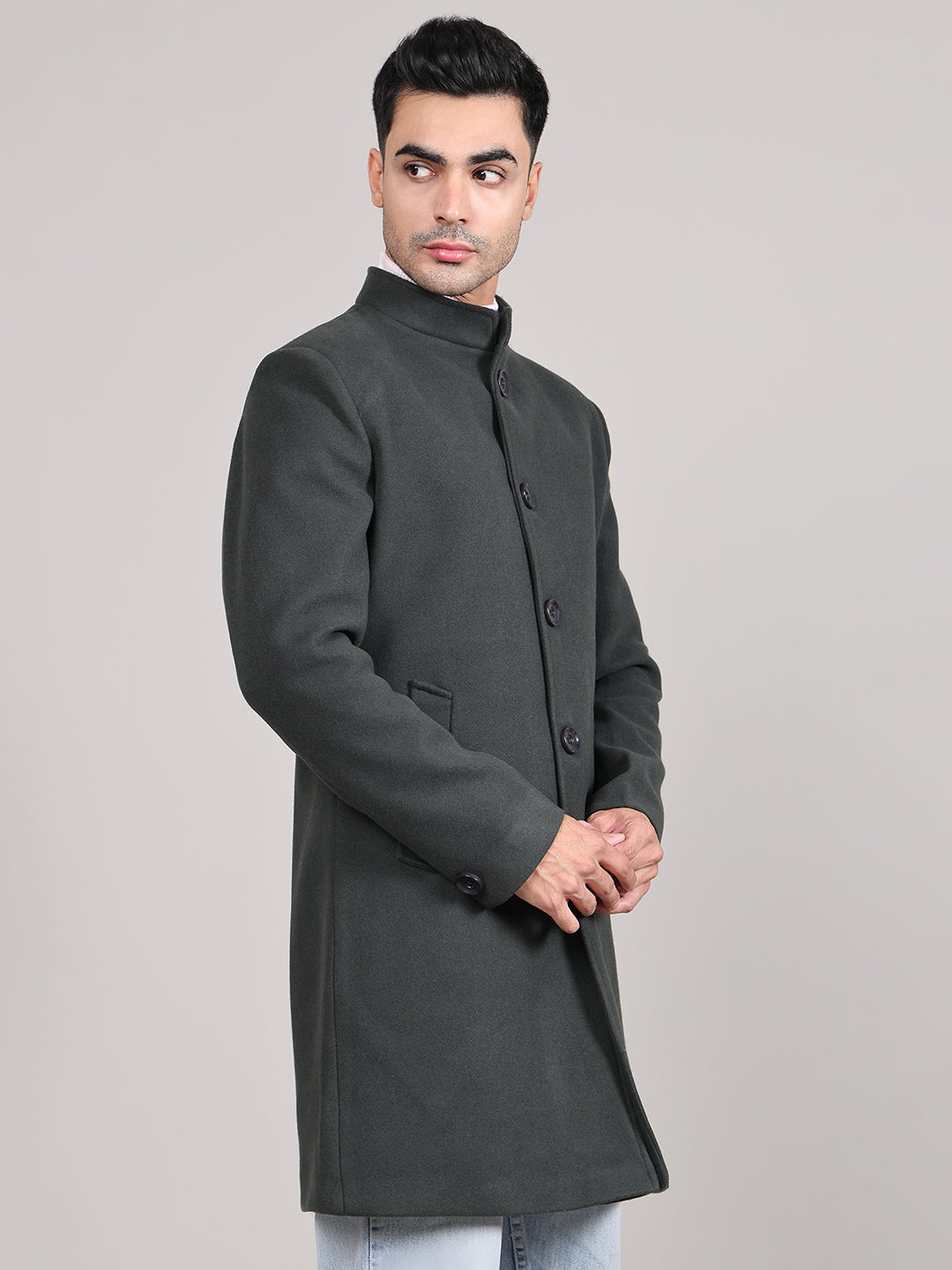 Men Single-Breasted Stand Collar Long Sleeves Overcoat HMC-504 - Bottle Green