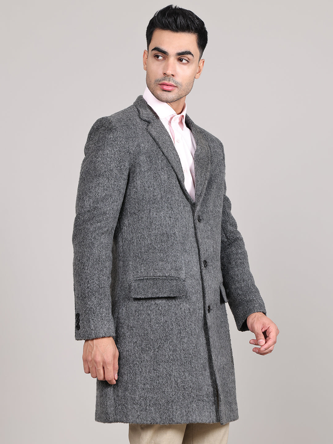 Men Notched Lapel Collar Long Overcoat HMC-502 - Grey Antra
