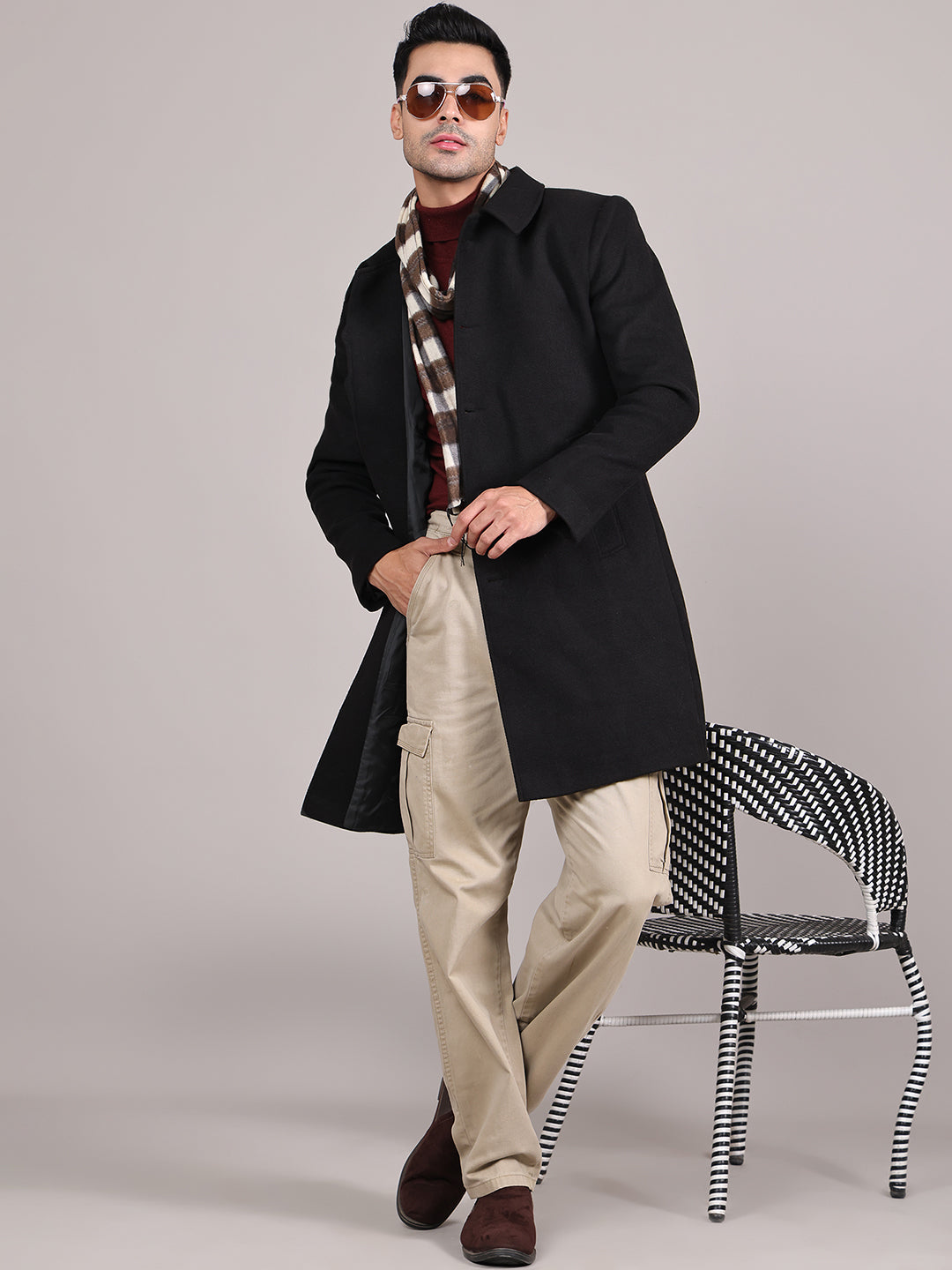 Men Spread Collar Longline Overcoat HMC-503 - Black