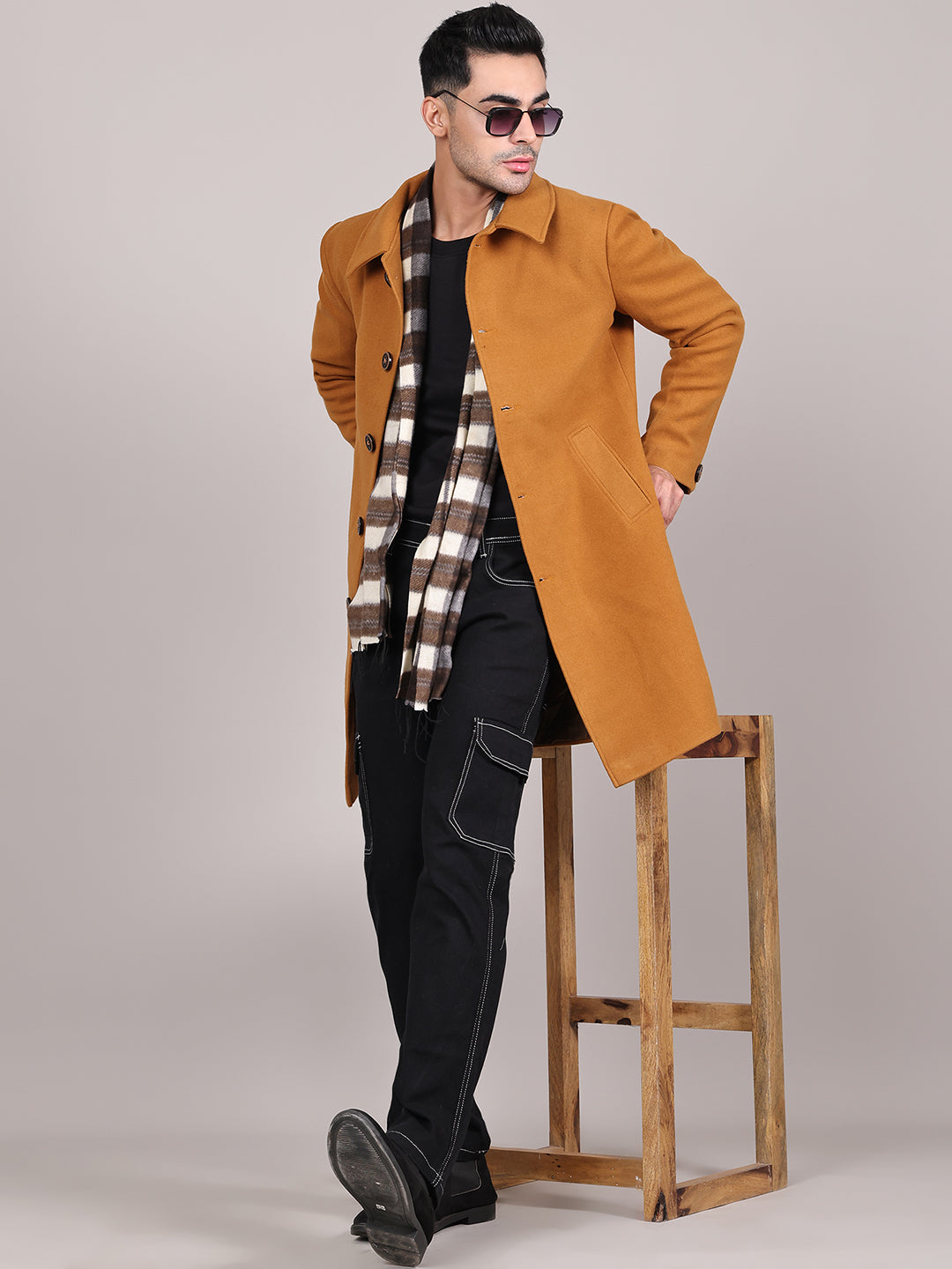 Men Spread Collar Longline Overcoat HMC-503 - Tan