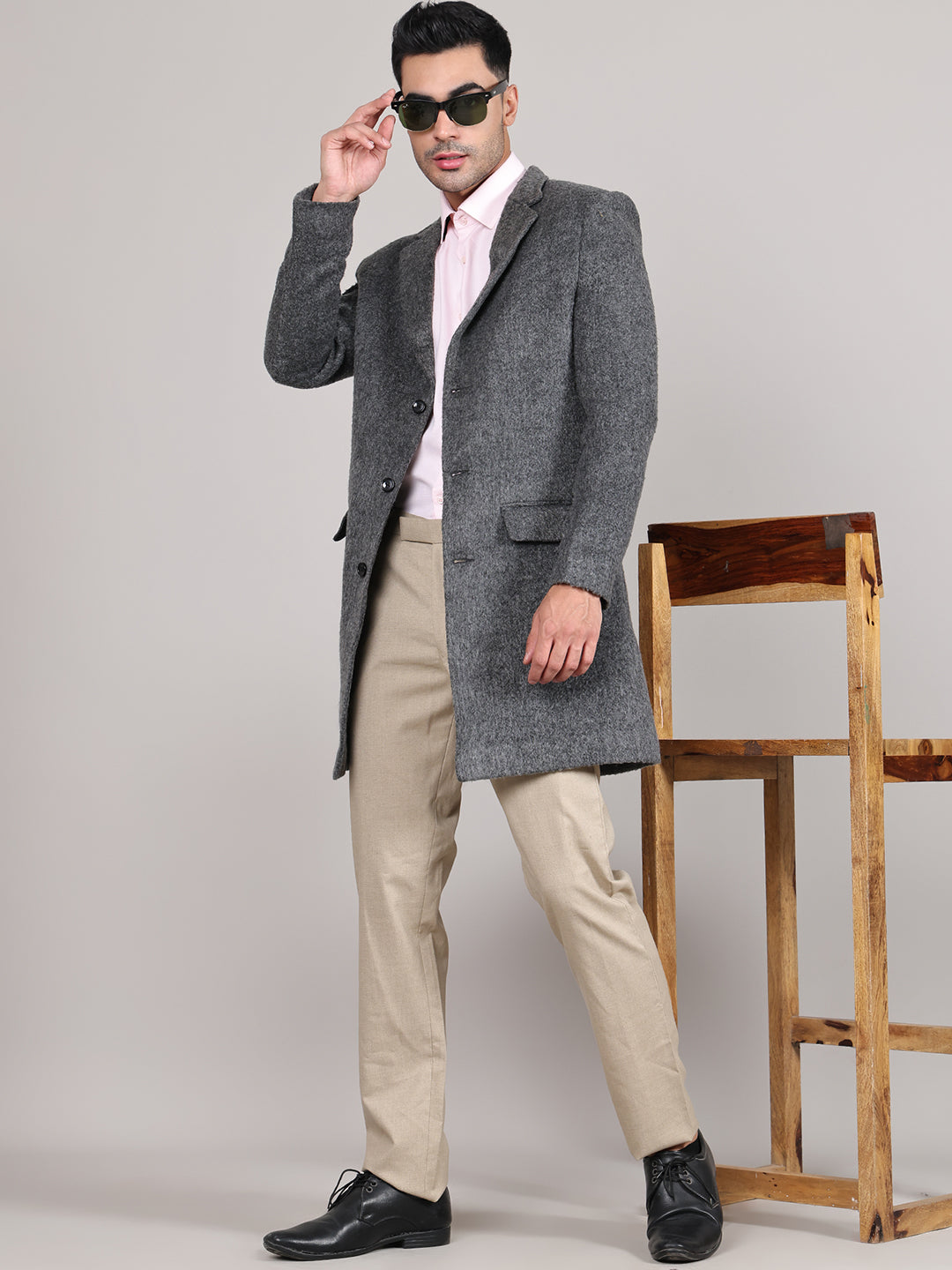 Men Notched Lapel Collar Long Overcoat HMC-502 - Grey Antra