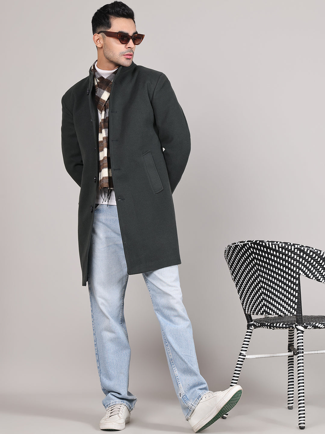 Men Single-Breasted Stand Collar Long Sleeves Overcoat HMC-504 - Bottle Green