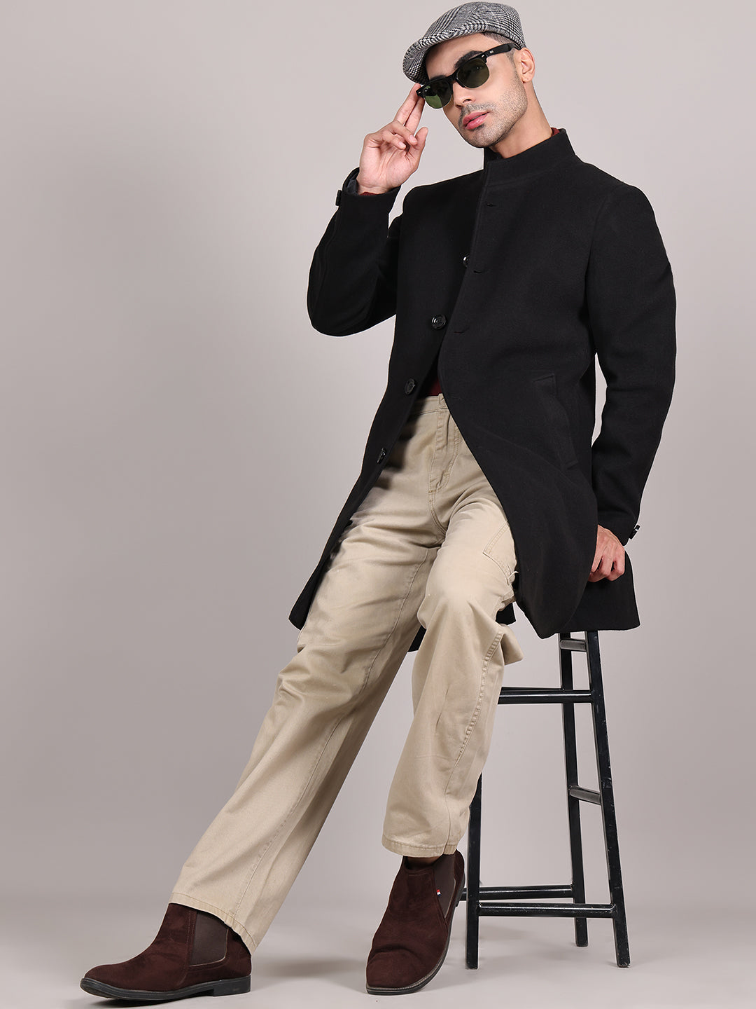Men Single-Breasted Stand Collar Long Sleeves Overcoat HMC-504 - Black