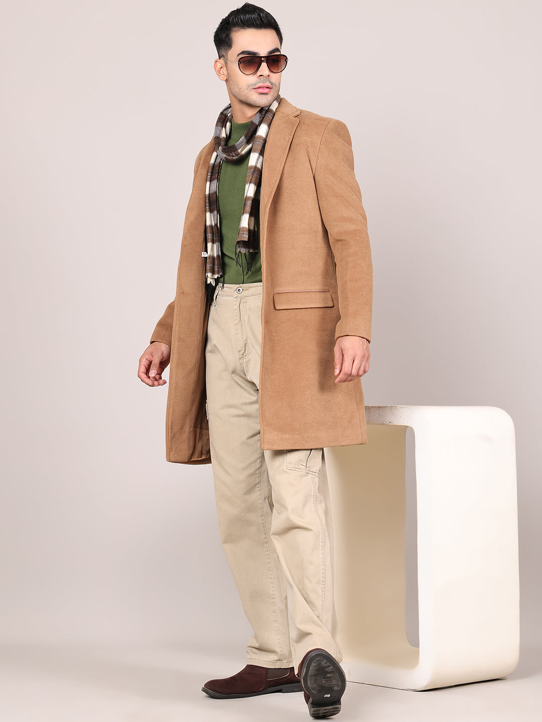 Men Notched Lapel Collar Long Overcoat HMC-502 - Tan