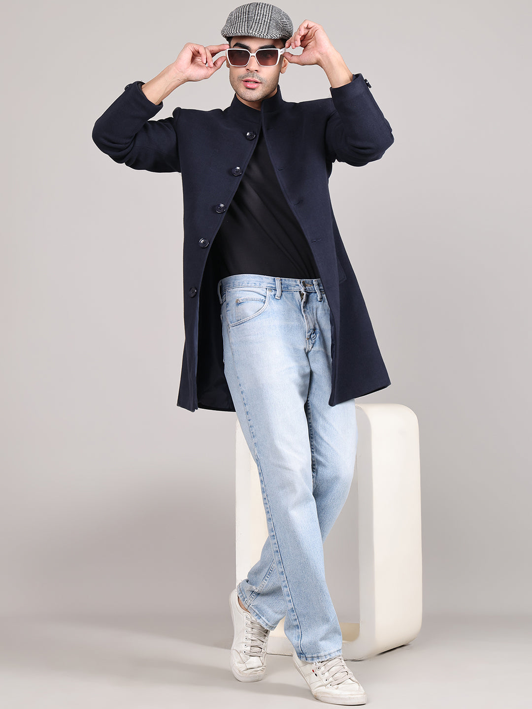 Men Single-Breasted Stand Collar Long Sleeves Overcoat HMC-504 - Navy