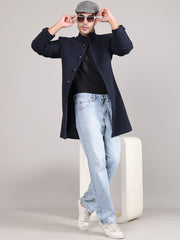 Men Single-Breasted Stand Collar Long Sleeves Overcoat HMC-504 - Navy