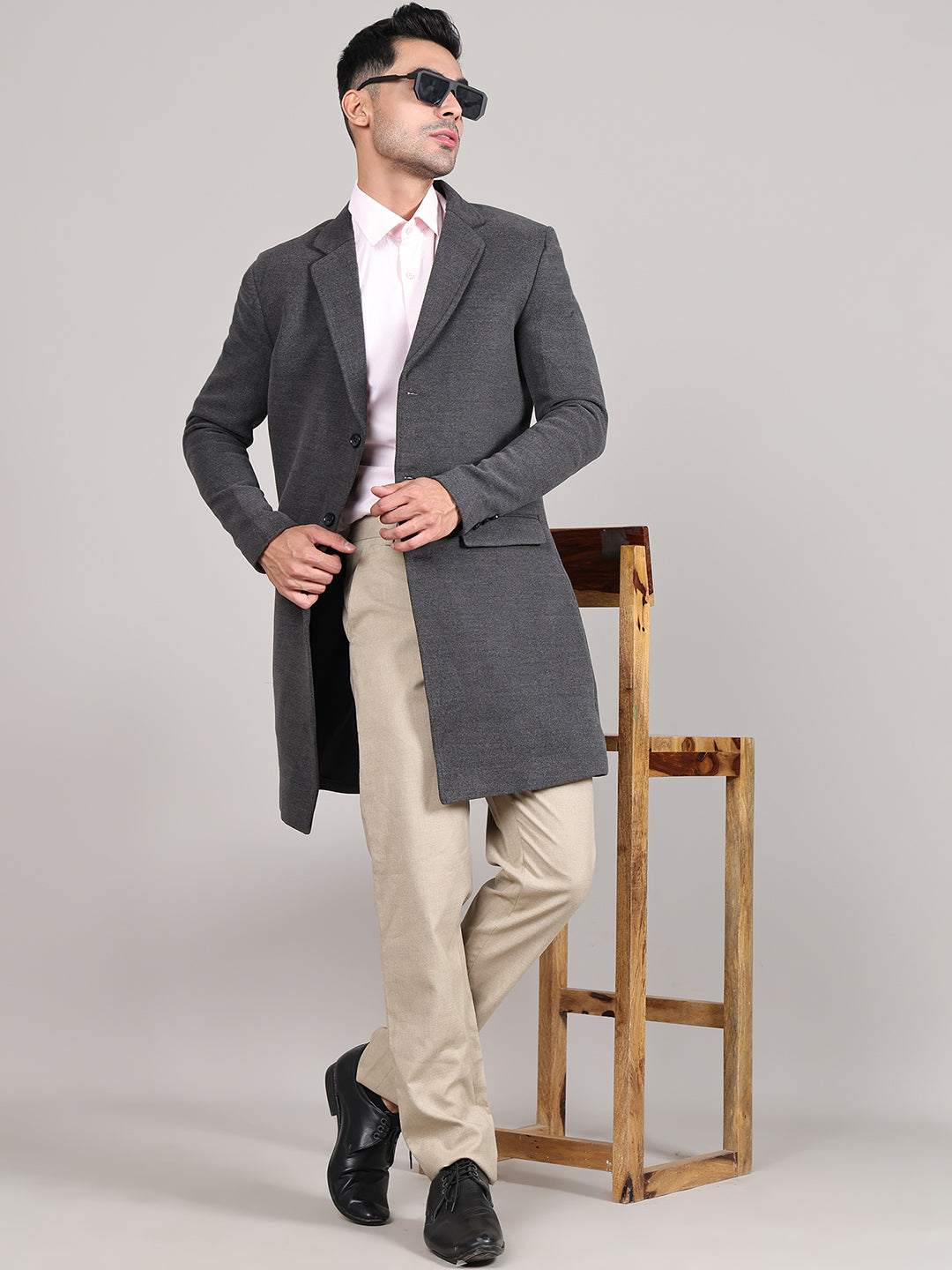Men Notched Lapel Collar Long Overcoat HMC-502 - Light Grey