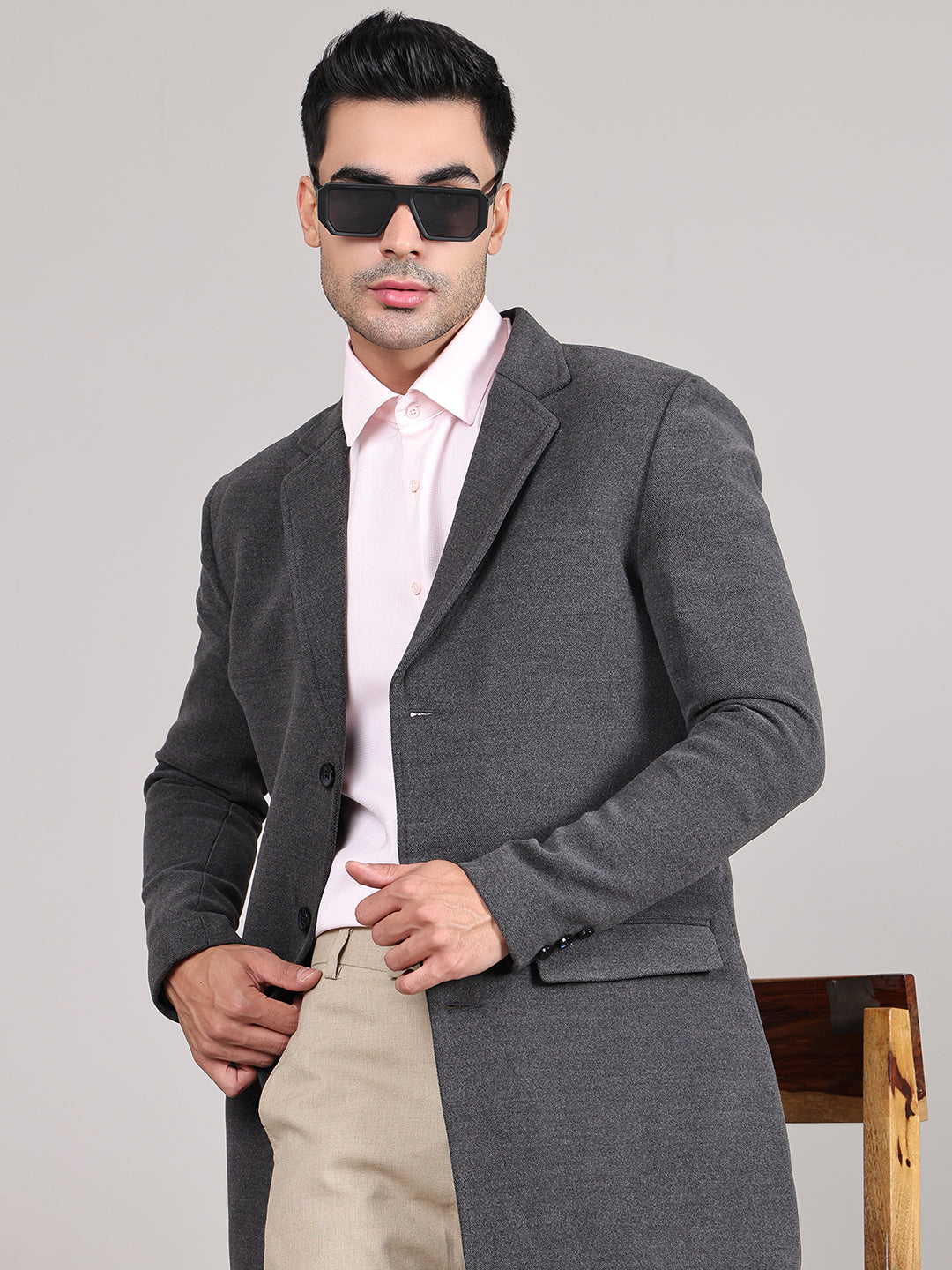Men Notched Lapel Collar Long Overcoat HMC-502 - Light Grey