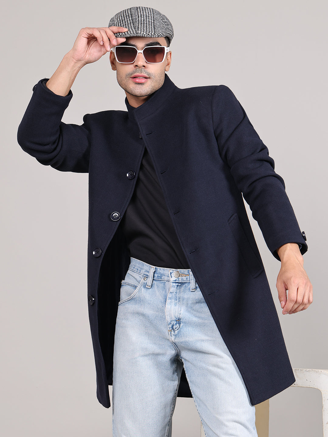 Men Single-Breasted Stand Collar Long Sleeves Overcoat HMC-504 - Navy