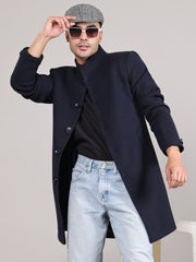 Men Single-Breasted Stand Collar Long Sleeves Overcoat HMC-504 - Navy