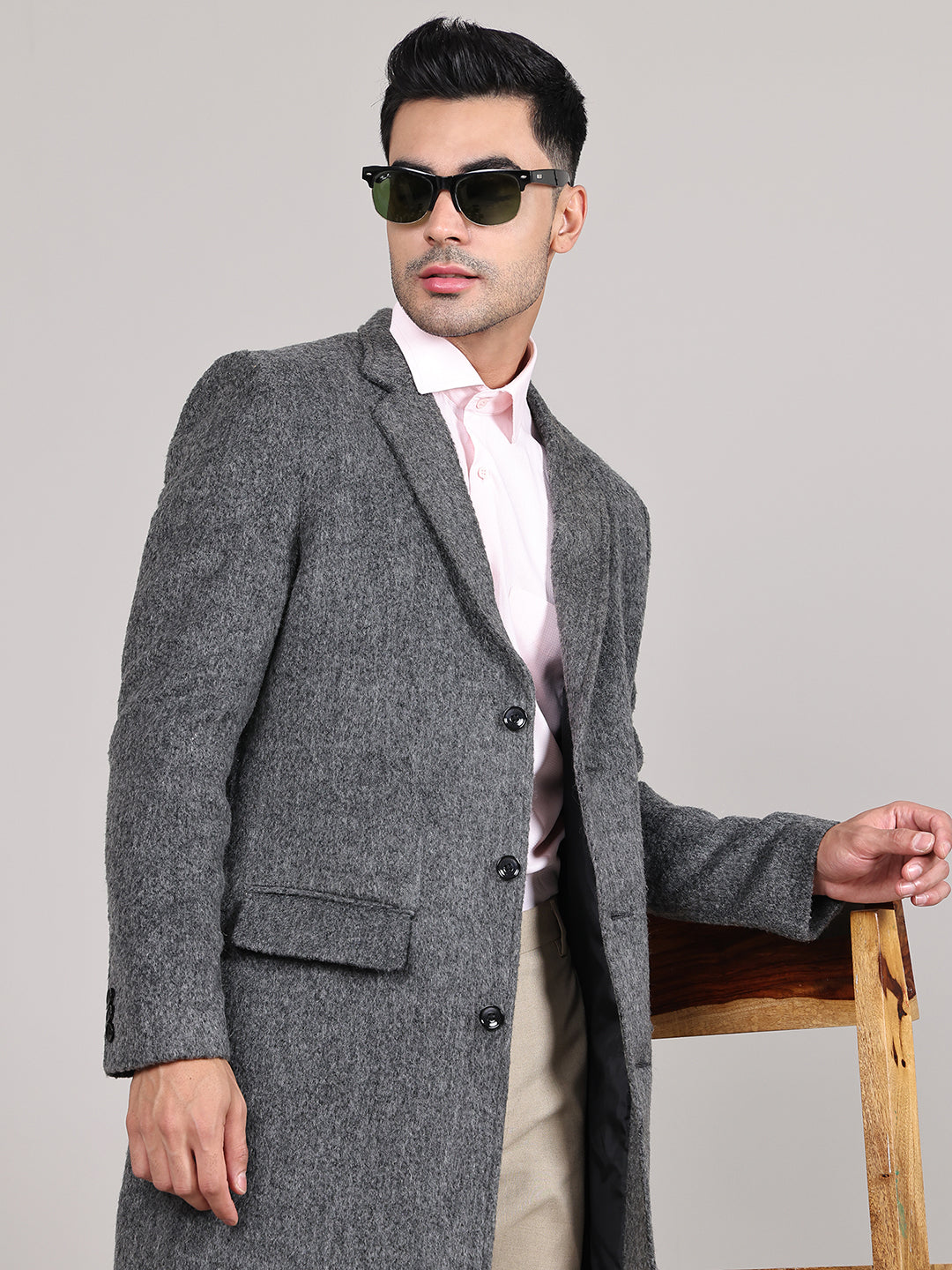 Men Notched Lapel Collar Long Overcoat HMC-502 - Grey Antra