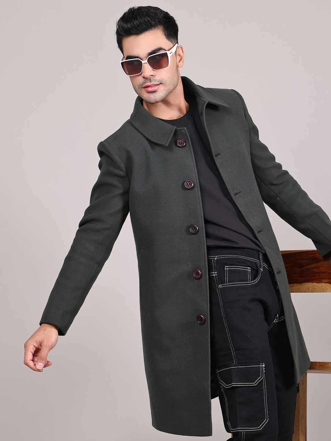 Men Spread Collar Longline Overcoat HMC-503 - Bottle Green