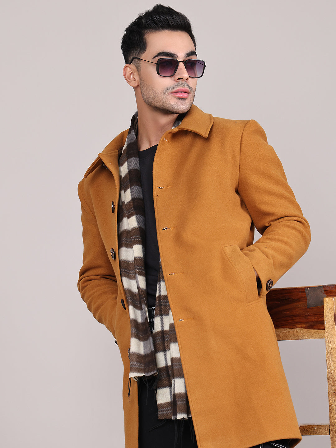Men Spread Collar Longline Overcoat HMC-503 - Tan
