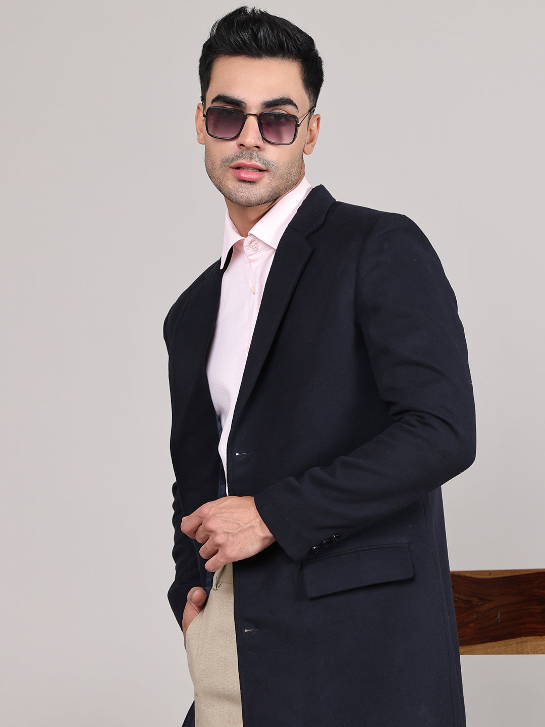Men Notched Lapel Collar Long Overcoat HMC-502 - Navy