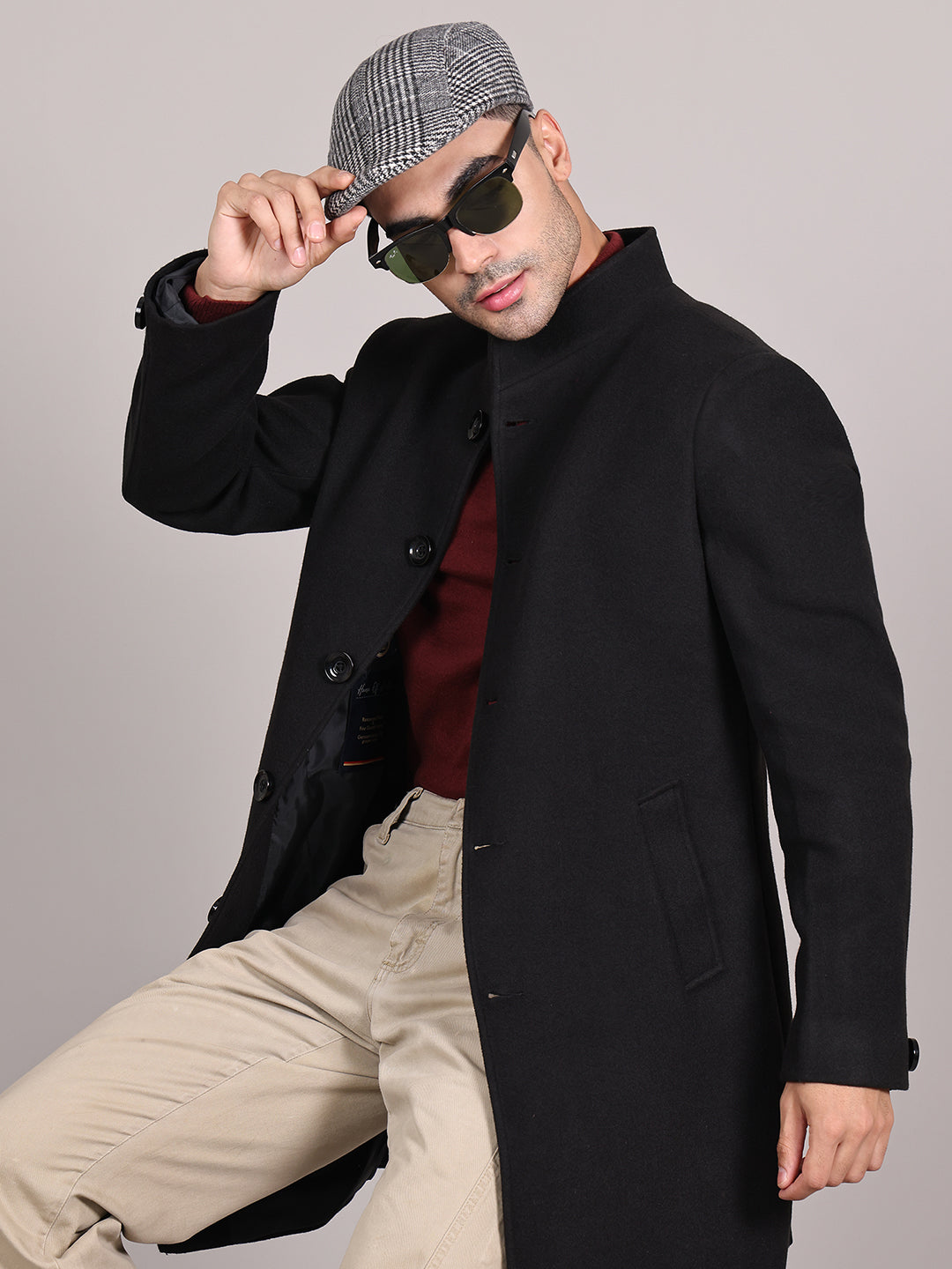 Men Single-Breasted Stand Collar Long Sleeves Overcoat HMC-504 - Black