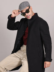 Men Single-Breasted Stand Collar Long Sleeves Overcoat HMC-504 - Black