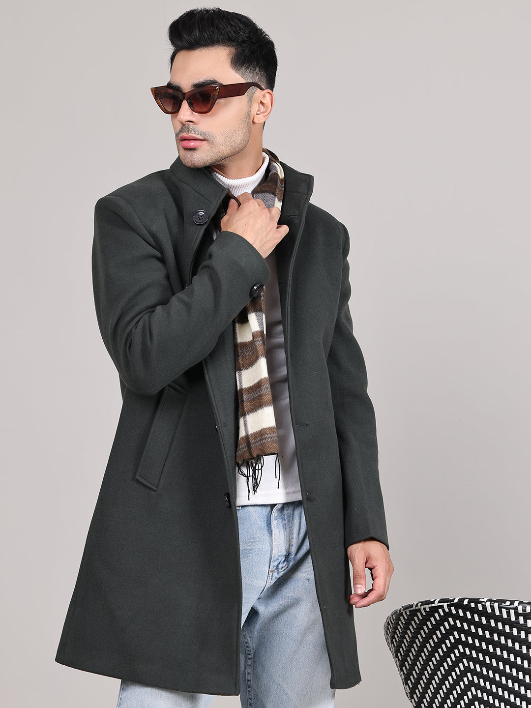 Men Single-Breasted Stand Collar Long Sleeves Overcoat HMC-504 - Bottle Green