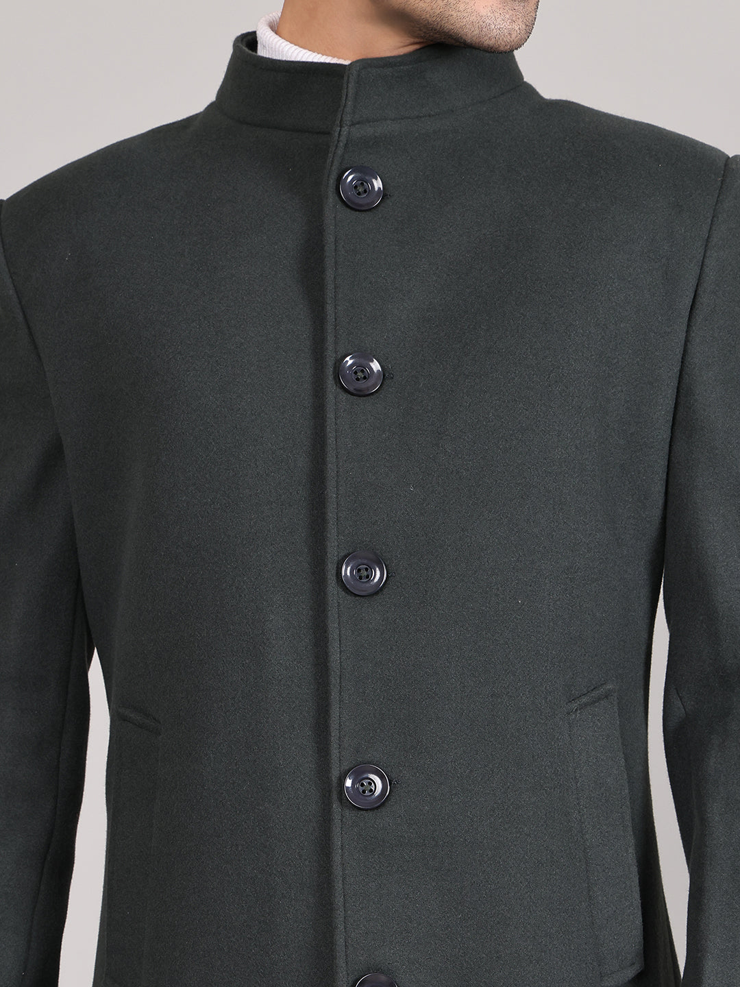 Men Single-Breasted Stand Collar Long Sleeves Overcoat HMC-504 - Bottle Green